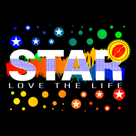 Shirt Gradient Slogan Star, Love the Life isolated on a black background. Lips, Kiss and Spots. Print Design Vector Illustrationのイラスト素材