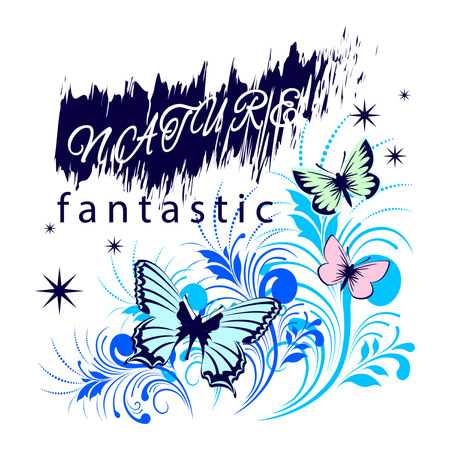 Fantastic Nature Shirt Slogan. Butterflies fly among flowers and stars. Flat Style Vector Illustrationのイラスト素材