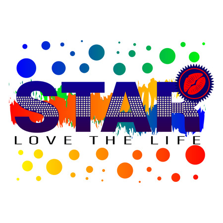 Shirt Gradient Slogan Star, Love the Life isolated on a white background. Lips, Kiss and Spots. Print Design Vector Illustrationのイラスト素材