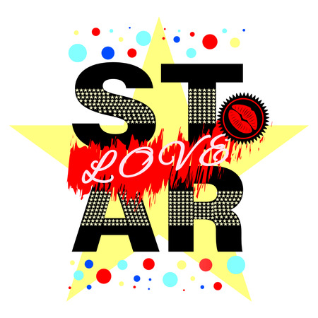 Shirt Slogan Star, Love isolated on a white background. Lips, Kiss and Spots. Print Design Vector Illustrationのイラスト素材