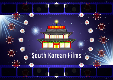 South Korean Films Online Cinema  Banner for web purple background design. Movie screen, poster with beautiful flower patterns garland in a circle. The building of the entertainment center facade.のイラスト素材