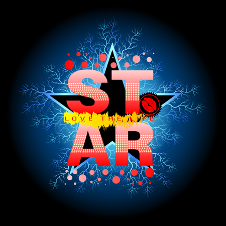 Shirt Gradient Slogan Star, Love the Life isolated on a black background. Lips, Kiss and Spots, lightning. Print Design Vector Illustrationのイラスト素材