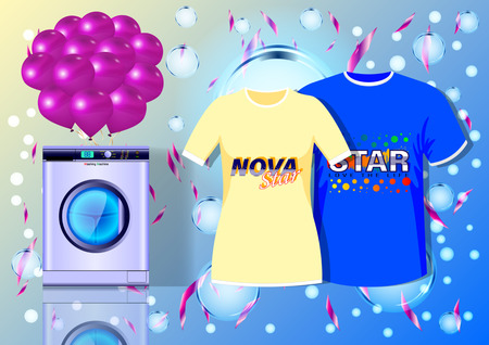 Bubbles, t-shirts, washing machine, advertising banner.のイラスト素材