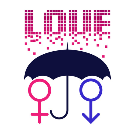 beautiful inscription Love showered squares on an umbrella. Symbols of a man and a woman.のイラスト素材