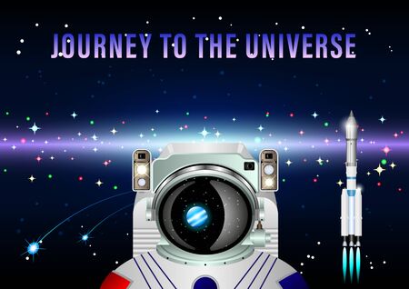 Journey to the universe. Realistic spaceman and space rocket on a beautiful star galaxy background. Fantastic Vector Illustrationのイラスト素材