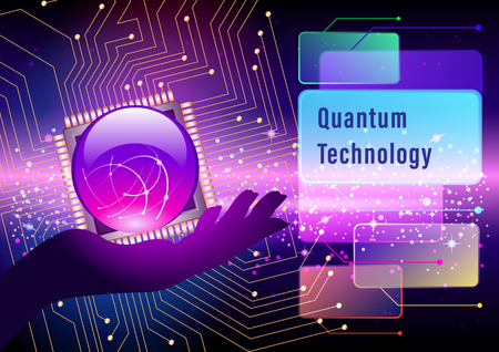 ball on the palm of your hand on a cosmic, space background. Quantum technology, Ai, Smart Innovation technology internet business concept.のイラスト素材