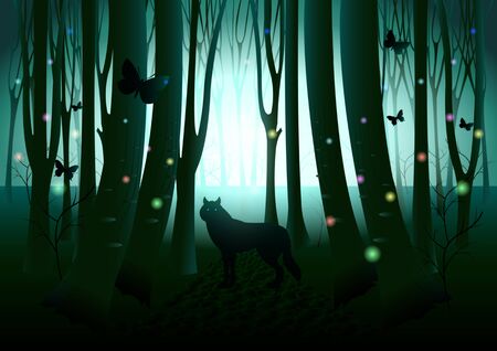 wolf silhouette, flying butterflies and fireflies in dark fantasy shine forest. Mysterious Vector Illustrationのイラスト素材
