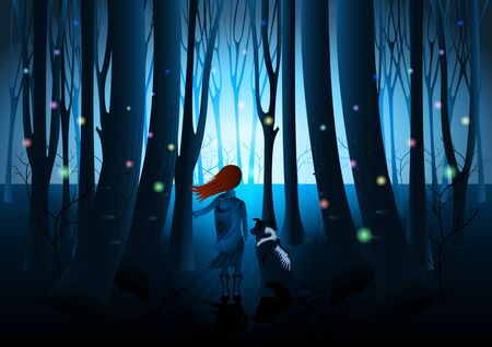 Girl with dog, rear view, flying multicolored fireflies in dark fantasy shine forest. Mysterious Vector Illustrationのイラスト素材