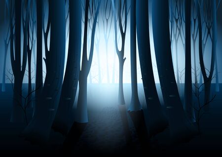 Dark mysterious forest, strange light in paranormal landscape at night. The silhouettes of the trees against the glowのイラスト素材