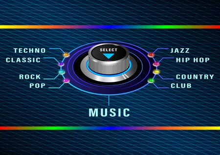 selection of different genres of music. Round control with colored bulbs on the metal corrugated panel. Front and side view. Realistic Vector Illustrationのイラスト素材