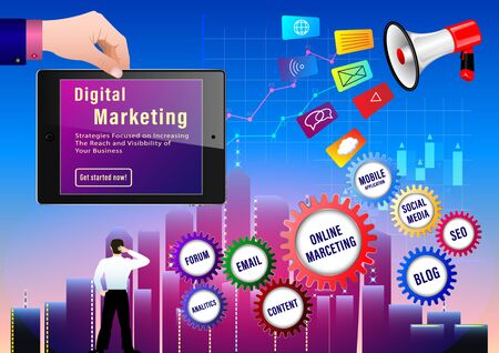 Digital Marketing concept. Businessman with a portfolio runs up the arrows on the background of skyscrapers and graphs. Megaphone and different icons. Hand holding laptop. Vector illustrationのイラスト素材