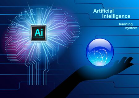 Artificial Intelligence, Learning System. Realistic brain of the chip. shining transparent ball on palm, hand. Futuristic design vector Illustrationのイラスト素材
