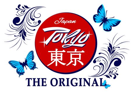 The inscription in Japanese: Tokyo. Slogan lettering print shirt. Japanese emblem, floral pattern and soaring butterflies. Flat style vector Illustrationのイラスト素材