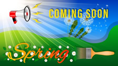 Realistic 3d Medaphone with inscription Coming Soon Spring on nature  background. Dandelion, sun, blue sky and green grass. Brush drawing flowers  Vector Illustrationのイラスト素材