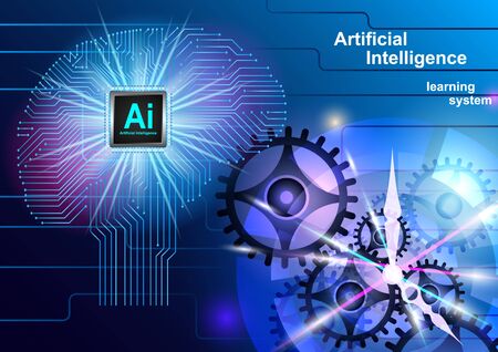 Artificial Intelligence, Learning System. Realistic brain of the chip. Clockwork. Futuristic design vector Illustrationのイラスト素材