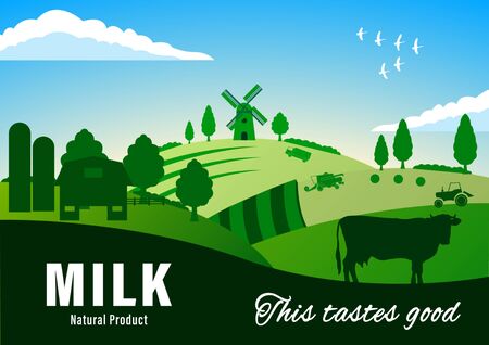 Contry Landscape. Farming. Summer Rural landscape. Cow, windmill,  green hills, fields, trees on a blue sky background. Flat style vector illustrationのイラスト素材