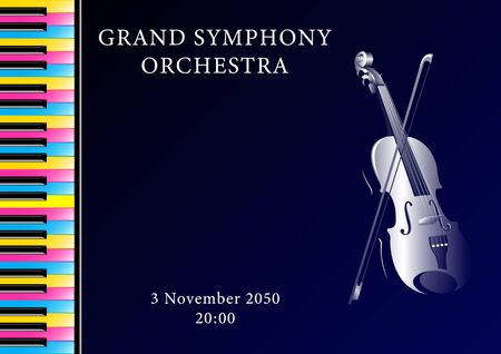 Classical music concert poster. Violin with a bow and a multi-colored piano keyboard, musical notes on a dark background. Realistic 3d horizontal vector illustrationのイラスト素材
