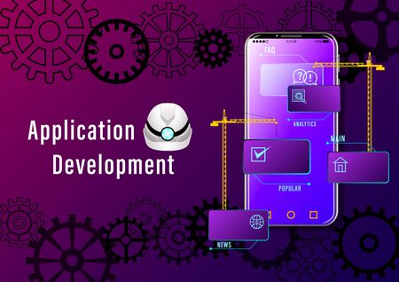 Application Development banner. Construction cranes install windows with icons on the smartphone on the background of gears. Realistic Web design vector illustrationのイラスト素材