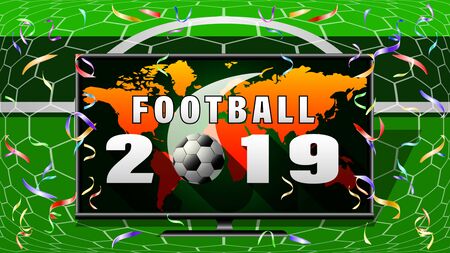 Football 2019 banner. Screen TV, Ball flying into the net gate, front view, image of the continents of the world in the background. Vector Illustrationのイラスト素材