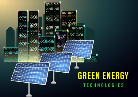 Green energy technologes banner. The sun illuminates the solar electric panels on the background of night city. Realistic vector illustrationのイラスト素材