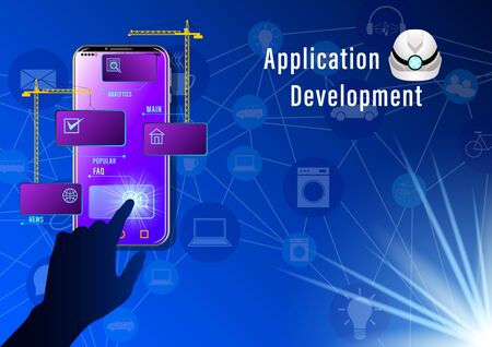 Application Development banner. Construction cranes install windows  on the smartphone  on icons blue background. Realistic Web design vector illustrationのイラスト素材