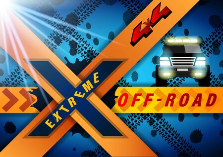 Extreme Off Road banner. SUV with headlights on against the background of dirt and wheel marks. Realistic Vector Illustrationのイラスト素材