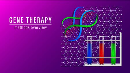 Gene therapy banner. DNA scheme, test tubes with multi-colored liquids. Vector Illustrationのイラスト素材