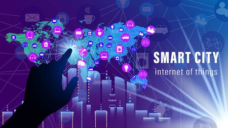 IoT, Internet of things, Smart City banner. Hand finger clicks on the world map with the scheme of icons background of skyscrapers. Flat style vector illustrationのイラスト素材