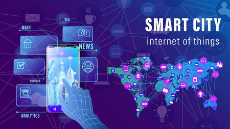 IoT, Internet of things, Smart City banner. The arm is controlled by a smartphone, The world map with the scheme of icons background of skyscrapers. Vector illustrationのイラスト素材