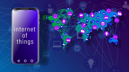 IoT. Internet of Things. Realistic Smartphone and World map with icon scheme. Vector Illustrationのイラスト素材