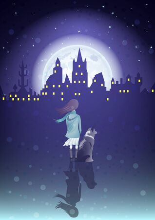 Girl with a dog under the moonlight and silhouette old city , rear view. Vector Illustrationのイラスト素材