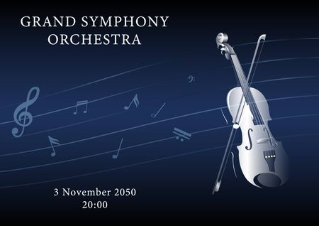 Classical music poster. Violin with a bow and musical notes on a dark duo gradient background. Realistic 3d horizontal vector illustrationのイラスト素材