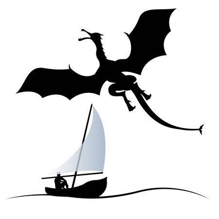 silhouette of a flying dragon and a man in a boat with a sail isolated on a white background. Flat style vector illustrationのイラスト素材
