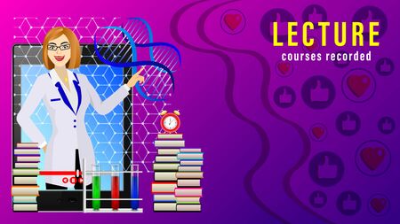 Lecture Courses recorded. Online distance learning. Female teacher in front of the display tablet pc, stacks of books, alarm clock, tubes with liquids and dna. Realistic vector illustrationのイラスト素材