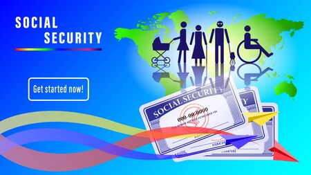 Social security card banner, poster. Simple figures of people subject to social protection on the background of the map worlds. Paper airplanes with colorful traces. Vector Illustrationのイラスト素材