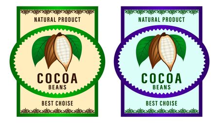 Natural product Cocoa beans packaging layout,  design Label. realistic cocoa fruits with green leaves. Beautiful gradient decorative frames and patterns. Vector Illustrationのイラスト素材