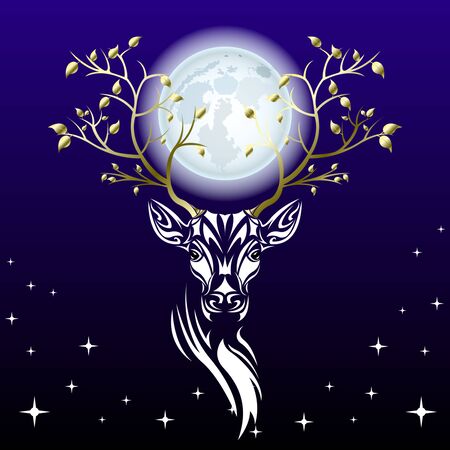 Tribal patterns head of deer with branches trees with gold leaves on the horns against a huge full moon, totem and tattoo design. Use for print, posters, t-shirts. Fairy fantasy vector Illustrationのイラスト素材
