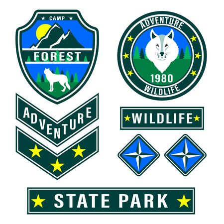 Set of mountain travel, tourism, hiking patches. Forest camping outdoor adventure emblems, labels badges, logo. White wolf head front view, wolf side view. Vector Illustrationのイラスト素材