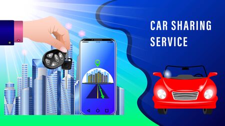 Car Sharing Service. Hand delivers keys with electronic keychain. Red convertible, front view. Smartphone showing the route.  City skyscrapers under the sunlight.のイラスト素材
