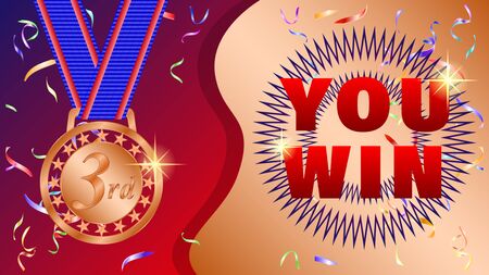 You win. Bronze medal for 3rd, third place, serpentine, confetti on a beautiful gradient background. Realistic 3d vector illustrationのイラスト素材