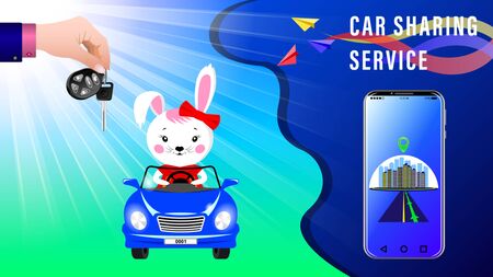 Car Sharing Service. Hand delivers keys with electronic keychain. Cartoon Bunny rides in a convertible under the sunlight, front view. Smartphone showing the route. Realistic 3d Vector illustration.のイラスト素材