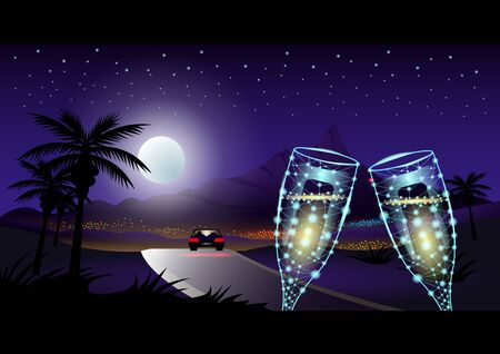 Evening in the tropics, Two glass of wine. Full moon and starry sky, car on the highway in front of the city among the palm trees. Southern landscape vector Illustrationのイラスト素材