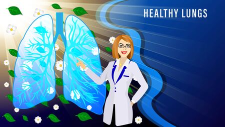 The doctor, woman in the white coat, points to Tomography of lungs of the human against the background flying flowers and green leaves and sunlight rays. Medicine Vector Illustration.のイラスト素材
