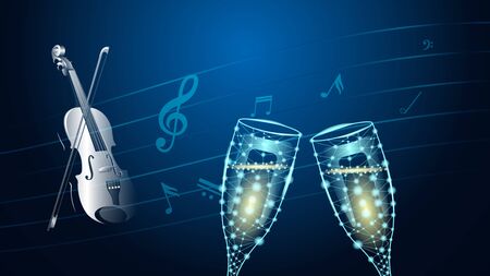 Abstract polygonal wireframe two glasses of wine and realistic violin with bow on the background of musical notes. Triangulation vector Illustrationのイラスト素材