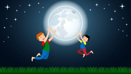 Children, two boys enjoy the huge full Moon on green grass against the night starry sky. Cartoon flat style vector illustrationのイラスト素材