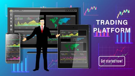 Trading platform. Financial business dashboard desktop. Application for financial analysis on PC, tablet pc, smartphone. A man in a business suit, graphs and charts. Realistic 3d detailed vector.のイラスト素材