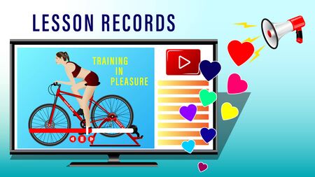 Lesson records trainings. A woman doing a workout on a bike-trainer in the monitor screen, side view, profile. Sport and recreation. Landing page concept. Realistic vector Illustrationのイラスト素材