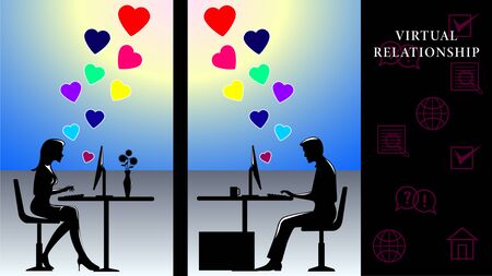 Virtual Relationship. Man and woman sitting at computers and communicate on the background of the sun. Flying hearts of love. Side view, profile. Vector Illustrationのイラスト素材