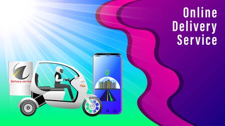 Online Delivery Service. Courier on a scooter on a sunlight and blue sky background, side view . Smartphone shows route. Realistic detail 3d vector illustrationのイラスト素材