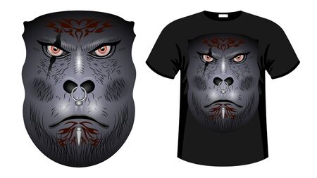 A formidable face Gray Gorilla, orc  warrior face with tattoos, scars and piercingsin.  Print t-shirt  and apparel design vector illustrationのイラスト素材